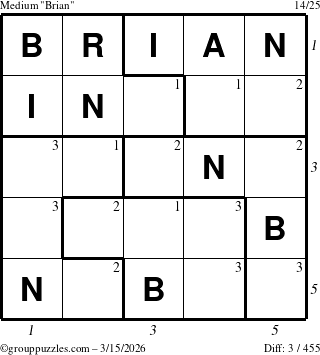 The grouppuzzles.com Medium Brian puzzle for Sunday March 15, 2026, suitable for printing, with all 3 steps marked