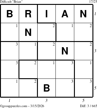 The grouppuzzles.com Difficult Brian puzzle for Sunday March 15, 2026 with all 3 steps marked