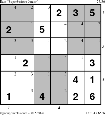 The grouppuzzles.com Easy SuperSudoku-Junior puzzle for Sunday March 15, 2026 with all 4 steps marked