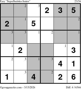 The grouppuzzles.com Easy SuperSudoku-Junior puzzle for Sunday March 15, 2026 with the first 3 steps marked