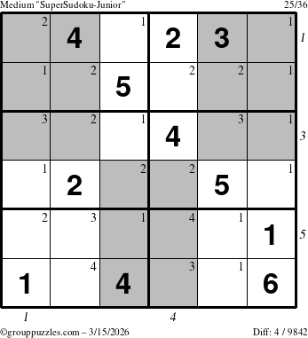 The grouppuzzles.com Medium SuperSudoku-Junior puzzle for Sunday March 15, 2026 with all 4 steps marked