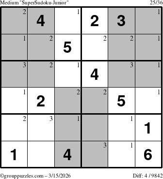 The grouppuzzles.com Medium SuperSudoku-Junior puzzle for Sunday March 15, 2026 with the first 3 steps marked