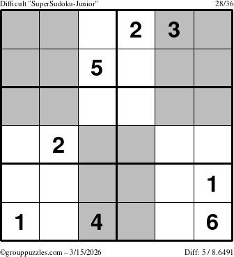 The grouppuzzles.com Difficult SuperSudoku-Junior puzzle for Sunday March 15, 2026