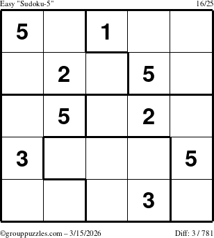 The grouppuzzles.com Easy Sudoku-5 puzzle for Sunday March 15, 2026