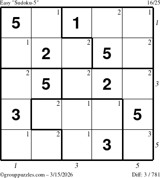 The grouppuzzles.com Easy Sudoku-5 puzzle for Sunday March 15, 2026 with all 3 steps marked