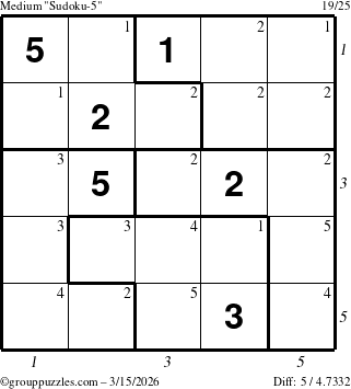 The grouppuzzles.com Medium Sudoku-5 puzzle for Sunday March 15, 2026 with all 5 steps marked