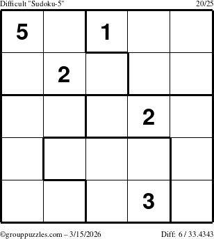 The grouppuzzles.com Difficult Sudoku-5 puzzle for Sunday March 15, 2026