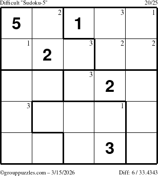 The grouppuzzles.com Difficult Sudoku-5 puzzle for Sunday March 15, 2026 with the first 3 steps marked
