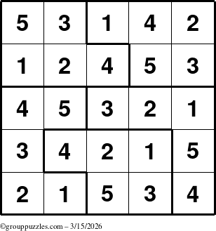 The grouppuzzles.com Answer grid for the Sudoku-5 puzzle for Sunday March 15, 2026