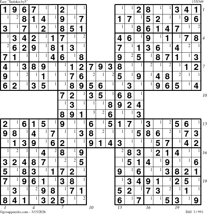 The grouppuzzles.com Easy Sudoku-by5 puzzle for Sunday March 15, 2026, suitable for printing, with all 3 steps marked