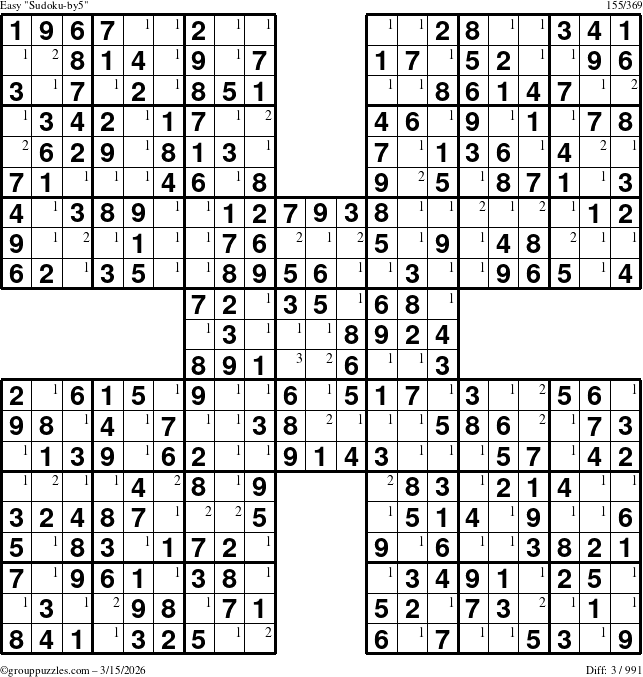 The grouppuzzles.com Easy Sudoku-by5 puzzle for Sunday March 15, 2026 with the first 3 steps marked