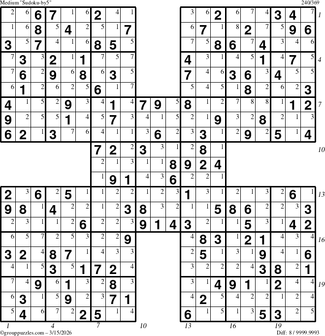 The grouppuzzles.com Medium Sudoku-by5 puzzle for Sunday March 15, 2026 with all 8 steps marked