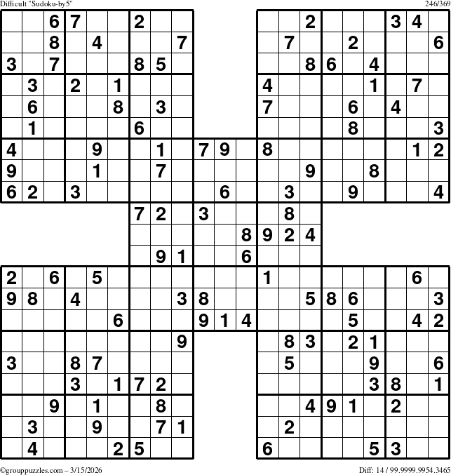 The grouppuzzles.com Difficult Sudoku-by5 puzzle for Sunday March 15, 2026