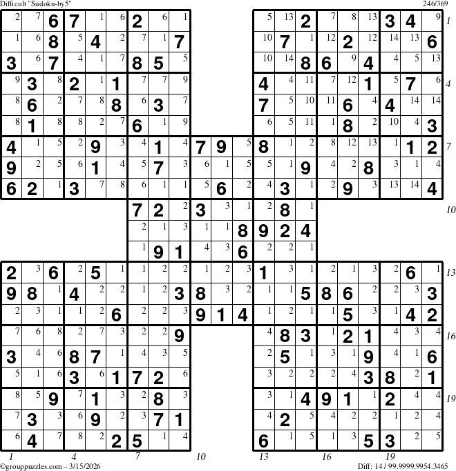 The grouppuzzles.com Difficult Sudoku-by5 puzzle for Sunday March 15, 2026, suitable for printing, with all 14 steps marked