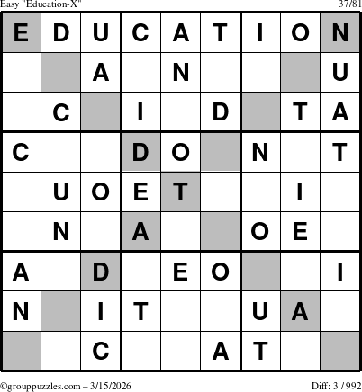 The grouppuzzles.com Easy Education-X puzzle for Sunday March 15, 2026
