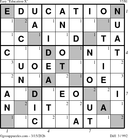 The grouppuzzles.com Easy Education-X puzzle for Sunday March 15, 2026 with all 3 steps marked