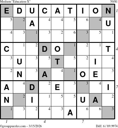 The grouppuzzles.com Medium Education-X puzzle for Sunday March 15, 2026, suitable for printing, with all 6 steps marked