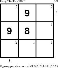 The grouppuzzles.com Easy TicTac-789 puzzle for Sunday March 15, 2026, suitable for printing, with all 2 steps marked