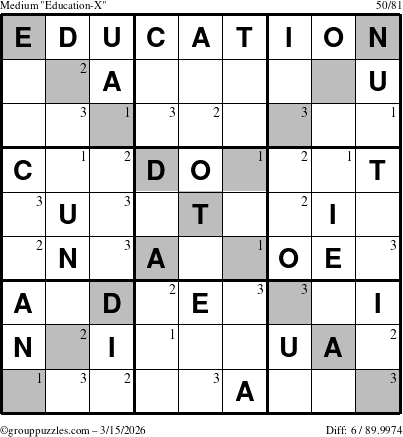 The grouppuzzles.com Medium Education-X puzzle for Sunday March 15, 2026 with the first 3 steps marked