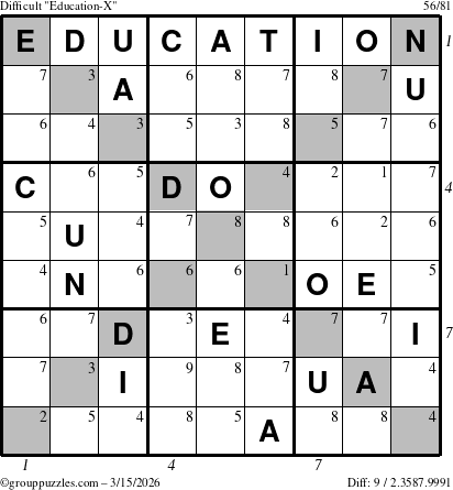 The grouppuzzles.com Difficult Education-X puzzle for Sunday March 15, 2026 with all 9 steps marked
