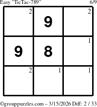 The grouppuzzles.com Easy TicTac-789 puzzle for Sunday March 15, 2026 with the first 2 steps marked