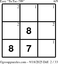 The grouppuzzles.com Easy TicTac-789 puzzle for Thursday September 18, 2025 with the first 2 steps marked