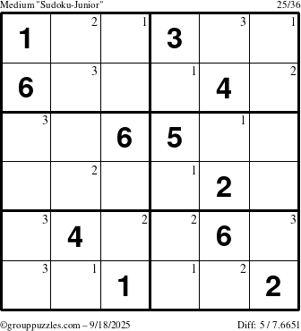 The grouppuzzles.com Medium Sudoku-Junior puzzle for Thursday September 18, 2025 with the first 3 steps marked