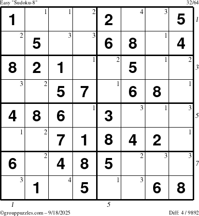 The grouppuzzles.com Easy Sudoku-8 puzzle for Thursday September 18, 2025 with all 4 steps marked