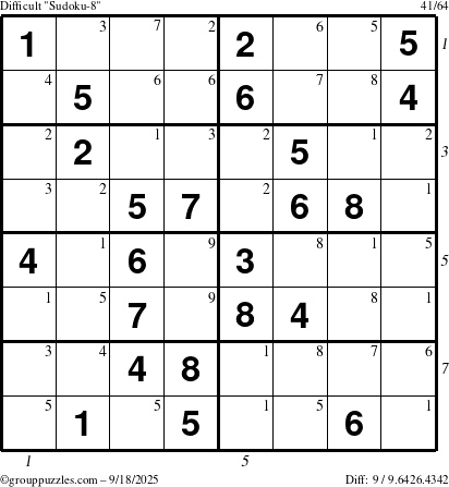 The grouppuzzles.com Difficult Sudoku-8 puzzle for Thursday September 18, 2025 with all 9 steps marked