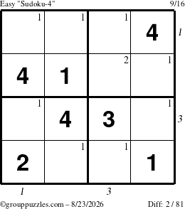 The grouppuzzles.com Easy Sudoku-4 puzzle for Sunday August 23, 2026 with all 2 steps marked