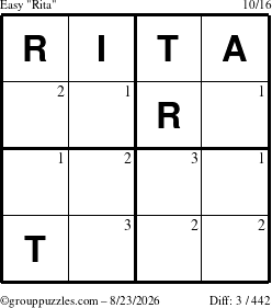 The grouppuzzles.com Easy Rita puzzle for Sunday August 23, 2026 with the first 3 steps marked