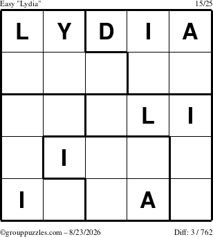 The grouppuzzles.com Easy Lydia puzzle for Sunday August 23, 2026