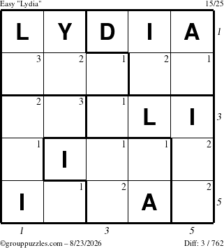 The grouppuzzles.com Easy Lydia puzzle for Sunday August 23, 2026, suitable for printing, with all 3 steps marked