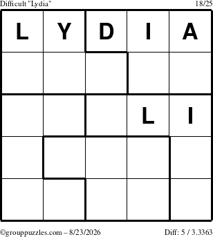 The grouppuzzles.com Difficult Lydia puzzle for Sunday August 23, 2026