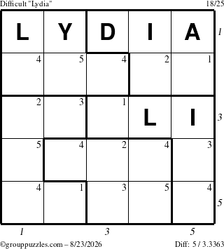 The grouppuzzles.com Difficult Lydia puzzle for Sunday August 23, 2026, suitable for printing, with all 5 steps marked