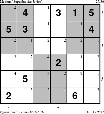 The grouppuzzles.com Medium SuperSudoku-Junior puzzle for Sunday August 23, 2026, suitable for printing, with all 4 steps marked