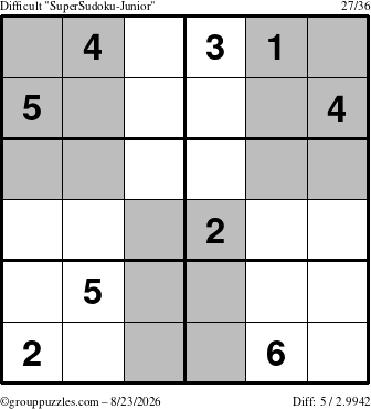 The grouppuzzles.com Difficult SuperSudoku-Junior puzzle for Sunday August 23, 2026