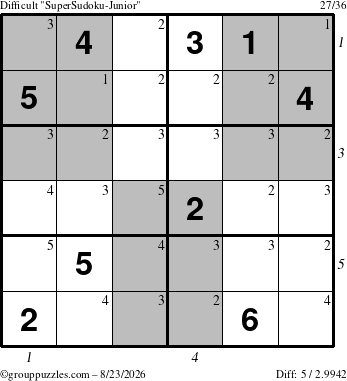 The grouppuzzles.com Difficult SuperSudoku-Junior puzzle for Sunday August 23, 2026 with all 5 steps marked