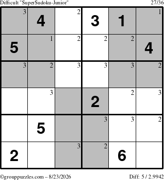 The grouppuzzles.com Difficult SuperSudoku-Junior puzzle for Sunday August 23, 2026 with the first 3 steps marked