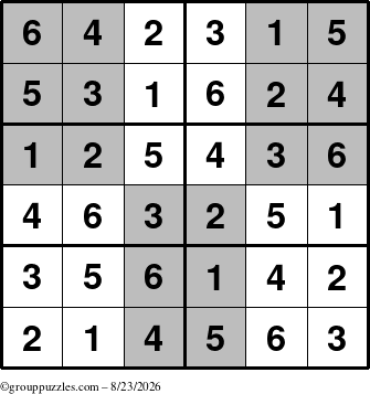 The grouppuzzles.com Answer grid for the SuperSudoku-Junior puzzle for Sunday August 23, 2026