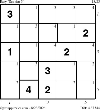 The grouppuzzles.com Easy Sudoku-5 puzzle for Sunday August 23, 2026, suitable for printing, with all 4 steps marked