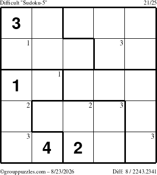 The grouppuzzles.com Difficult Sudoku-5 puzzle for Sunday August 23, 2026 with the first 3 steps marked