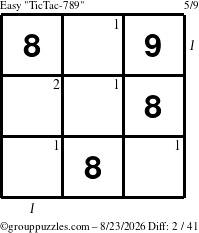 The grouppuzzles.com Easy TicTac-789 puzzle for Sunday August 23, 2026 with all 2 steps marked