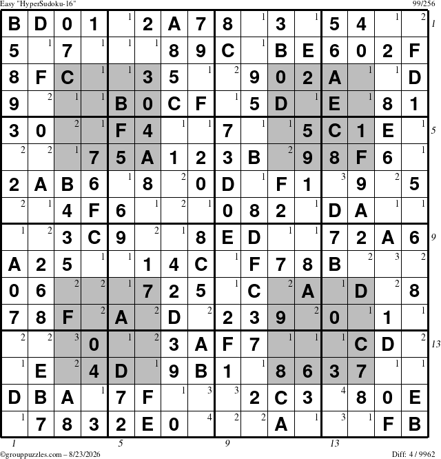 The grouppuzzles.com Easy HyperSudoku-16 puzzle for Sunday August 23, 2026, suitable for printing, with all 4 steps marked