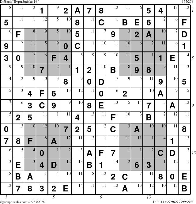 The grouppuzzles.com Difficult HyperSudoku-16 puzzle for Sunday August 23, 2026 with all 14 steps marked