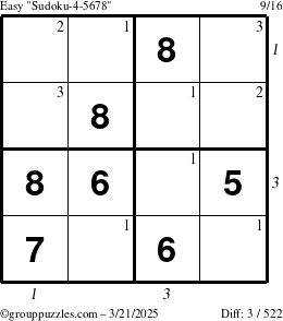 The grouppuzzles.com Easy Sudoku-4-5678 puzzle for Friday March 21, 2025, suitable for printing, with all 3 steps marked