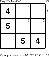 The grouppuzzles.com Easy TicTac-456 puzzle for Friday March 21, 2025, suitable for printing, with all 2 steps marked