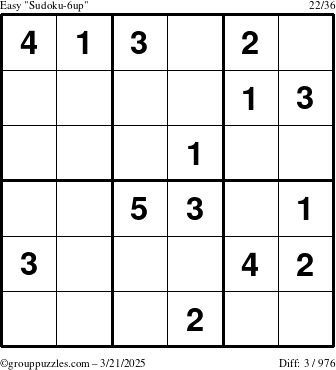 The grouppuzzles.com Easy Sudoku-6up puzzle for Friday March 21, 2025