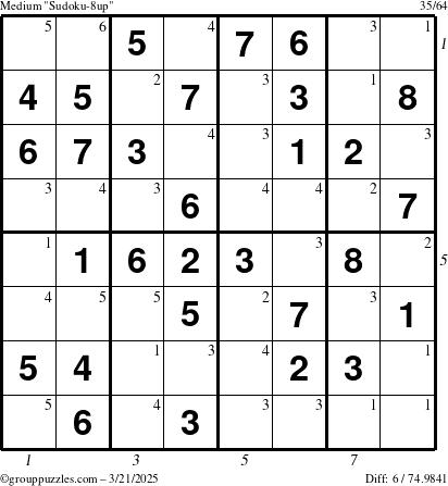 The grouppuzzles.com Medium Sudoku-8up puzzle for Friday March 21, 2025 with all 6 steps marked