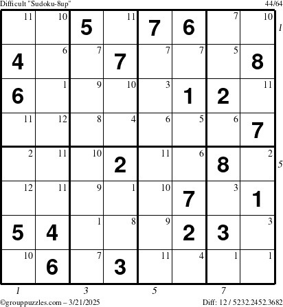The grouppuzzles.com Difficult Sudoku-8up puzzle for Friday March 21, 2025 with all 12 steps marked